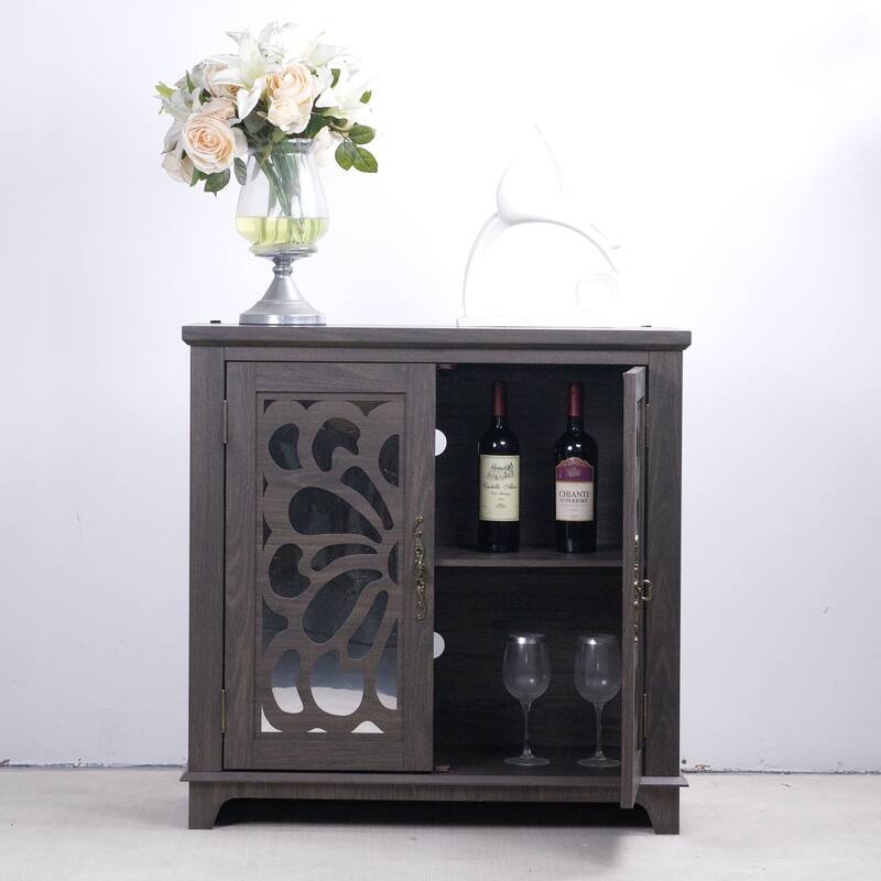 Elegant sideboard with 2 acrylic mirrored doors Sideboard and Buffet with Storage, Hollow-Carved Accent Cabinet