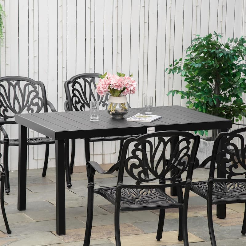 Outdoor Dining table for 6 Person, Rectangular Patio table, Aluminum Metal Legs for Garden, Lawn, Patio, Woodgrain Black
