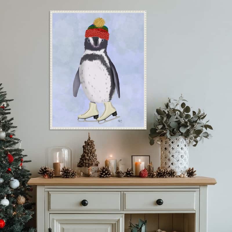 Penguin Ice Skating by Fab Funky (23 x 28 in.), Framed Canvas Wall Art Print - Sylvie Beaded White