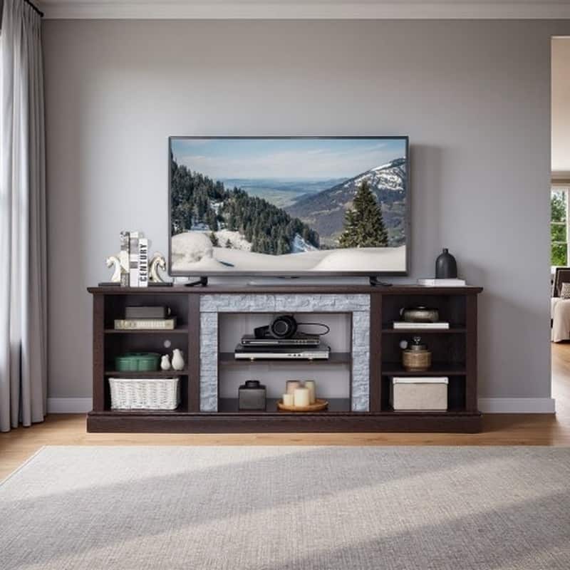Large Storage TV Stand for TVs up to 75'' with Faux Stacked Stone, Adjustable Shelves and Cable Management