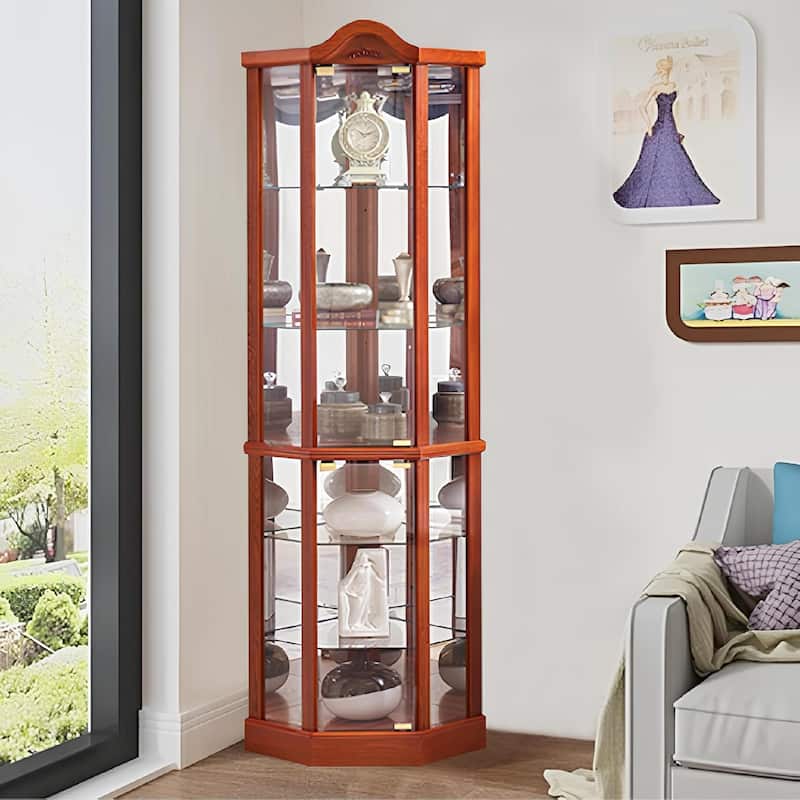 Roomfitters Wooden Corner Display Curio Cabinet, Lighted China Cabinet with Tempered Glass Door