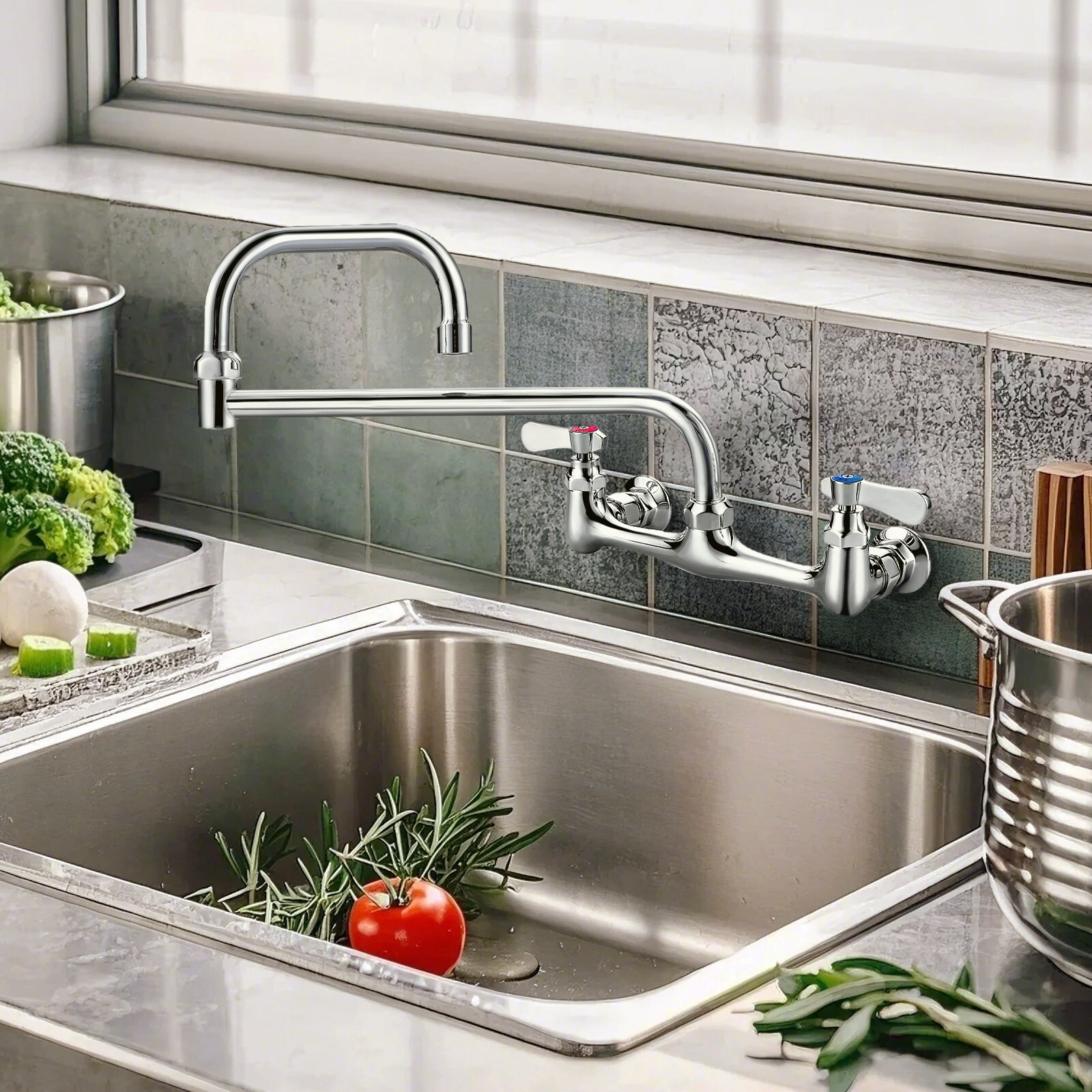 WOWOW Double Handle Wall Mount Standard Kitchen Faucet - Overstock