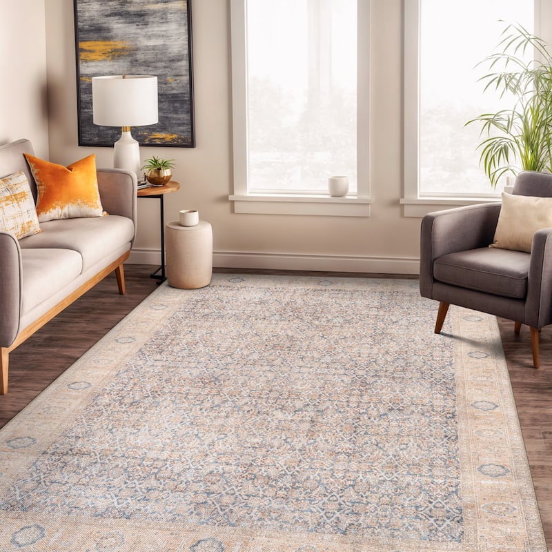 Beige Vintage Washable Rug - Low Pile, Subtle Pattern for Neutral Spaces - Blue - 5' x 7'
