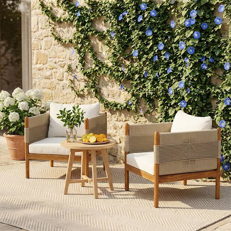Christopher Knight Home - Outdoor Patio 29.72" Acacia Wood Club Chair with Handwoven Rope Panels and Cushions - Beige,Cream,Teak finish - Set of 2