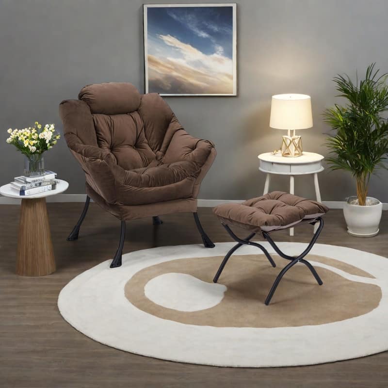 Cotton Fabric Lounge Chair with Ottoman, Footrest and Side Pocket (300lb Capacity) - Brown