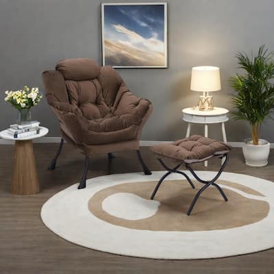 Cotton Fabric Lounge Chair with Ottoman, Footrest and Side Pocket (300lb Capacity)