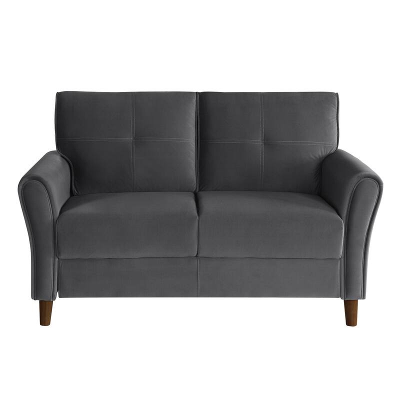 Sarah 57 Inch Loveseat, Gray Velvet, Stitch Tufting, Reversible Cushions