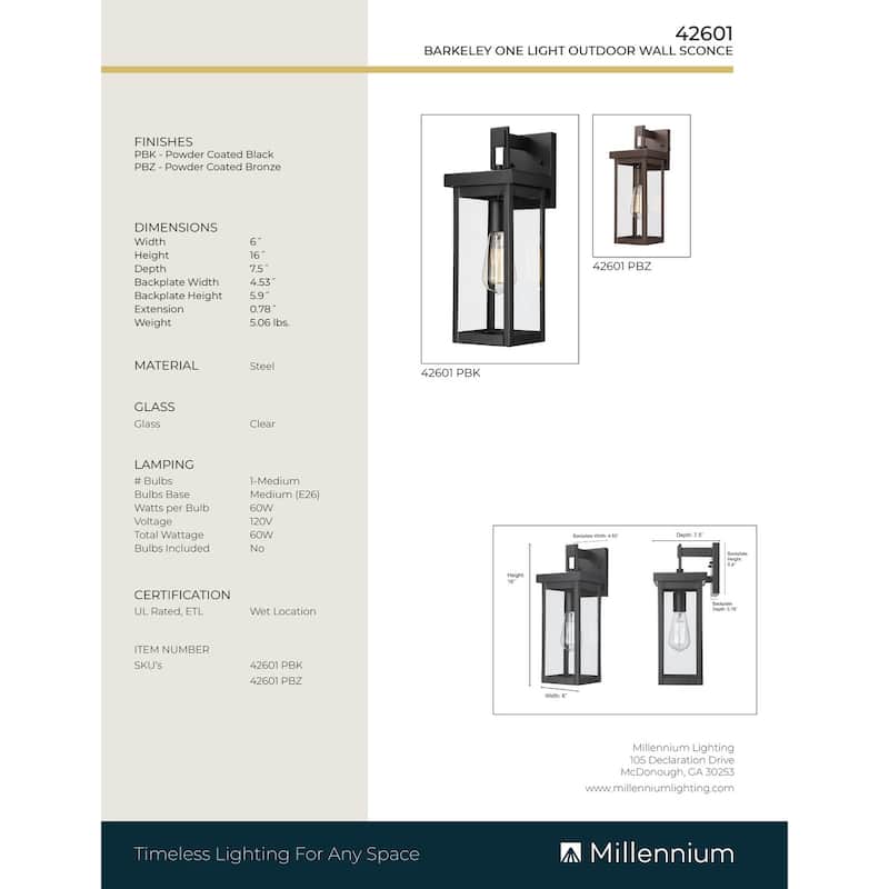 Millennium Lighting Barkeley 1 Light 16 inch Outdoor Wall Sconce