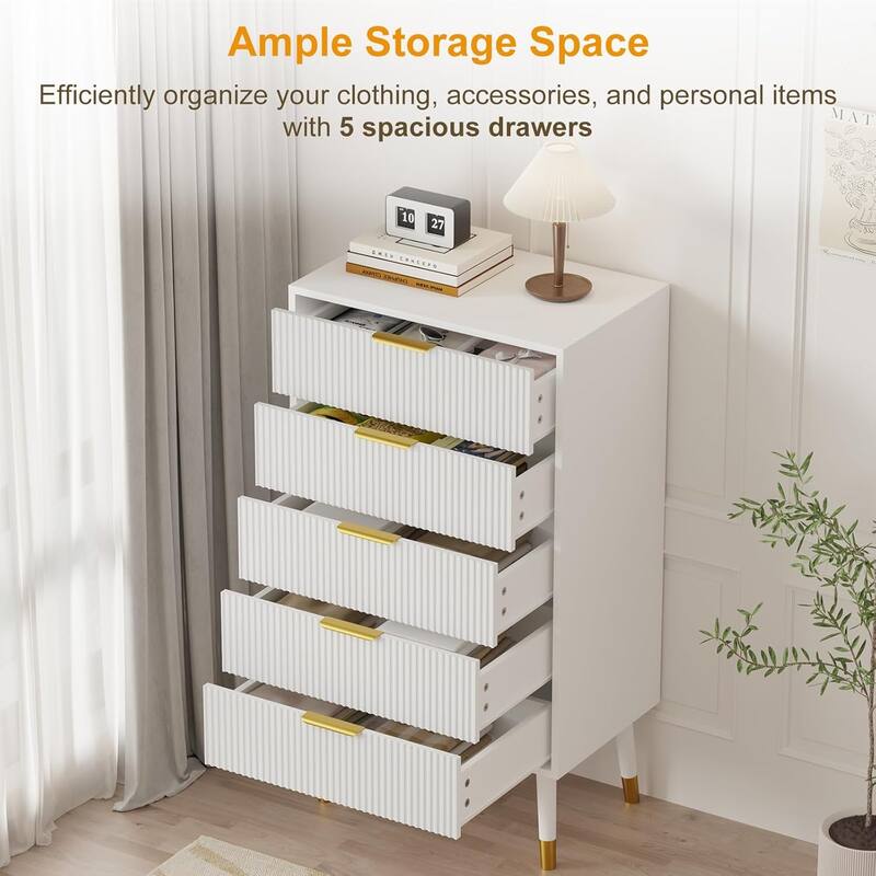 5-Drawer Wood Dresser Chest for Bedroom, Storage Cabinet Organizer, Set of 2