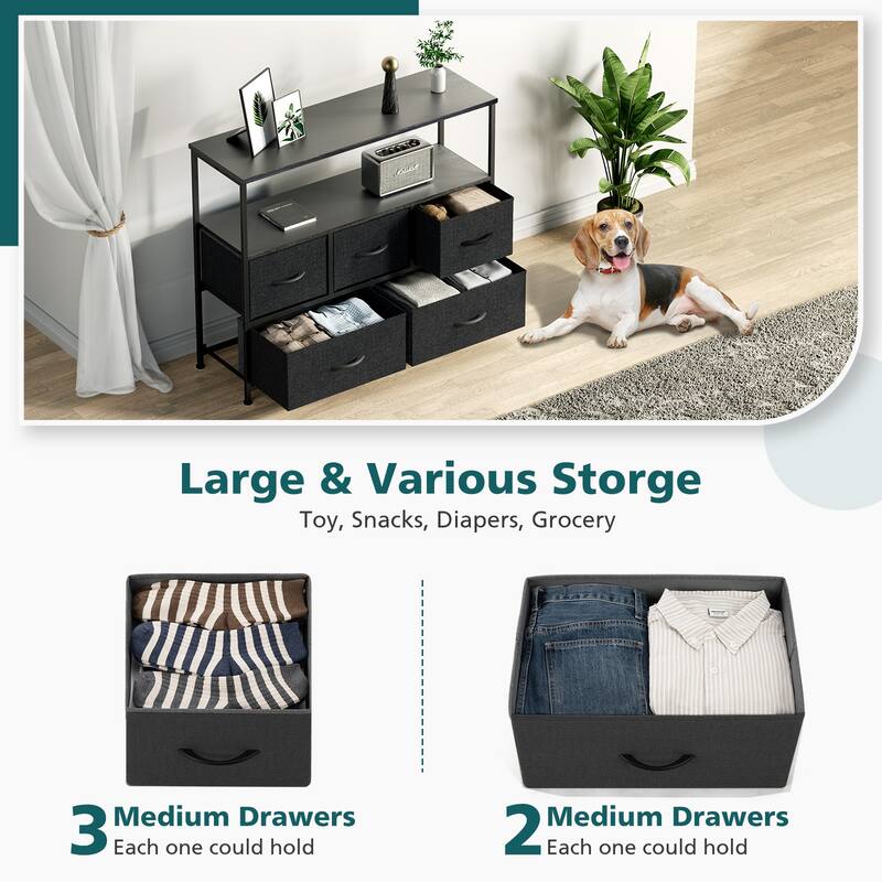 CoolArea 5-Drawer Dresser, Fabric Chest Storage Tower with Wooden Top and Open Shelf