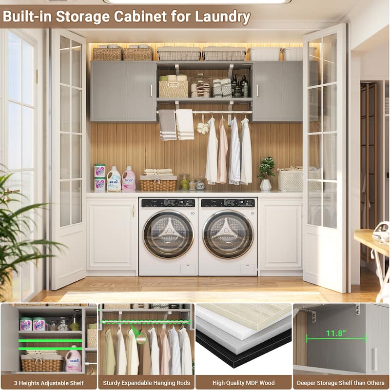 65''W Reversible Laundry Storage Cabinet with Doors and Storage Shelves and Shelf Towers