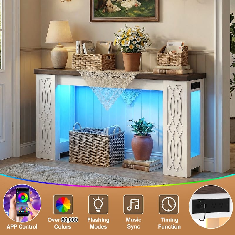 47" Farmhouse Console Table with RGB LED Light ＆ Power Outlets, Unique Carved Design Farmhouse Entryway Table Sofa Table