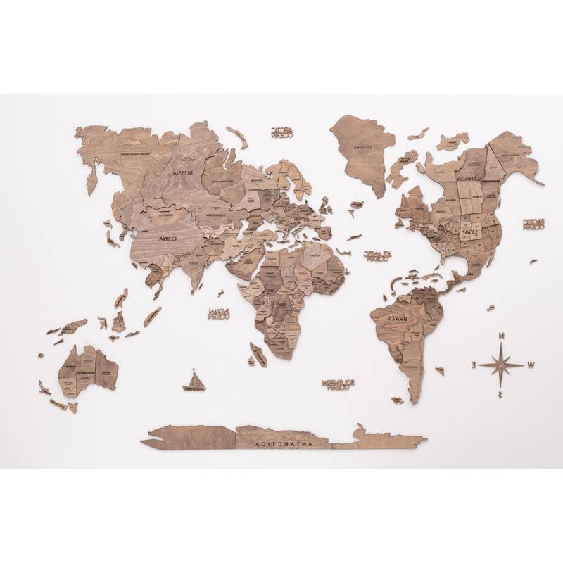 HomeRoots 47" X 79" Wood Brown Wood World Map Hanging Dimensional Sculpture