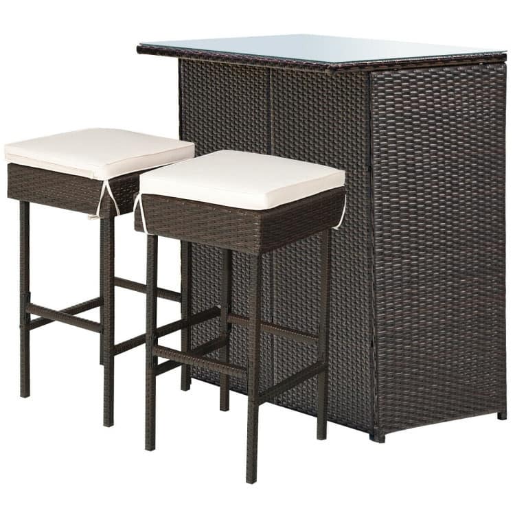 3-Piece Patio Rattan Wicker Bar Set with 2 Cushioned Stools for Outdoor Entertaining - 40" x 24" x 41.5" (L x W x H)