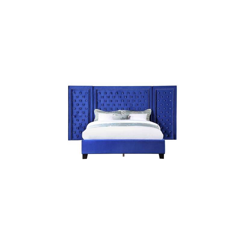 Vintage Queen Bed Frame - Blue Velvet Upholstered Bed - Elegant Bedroom Furniture