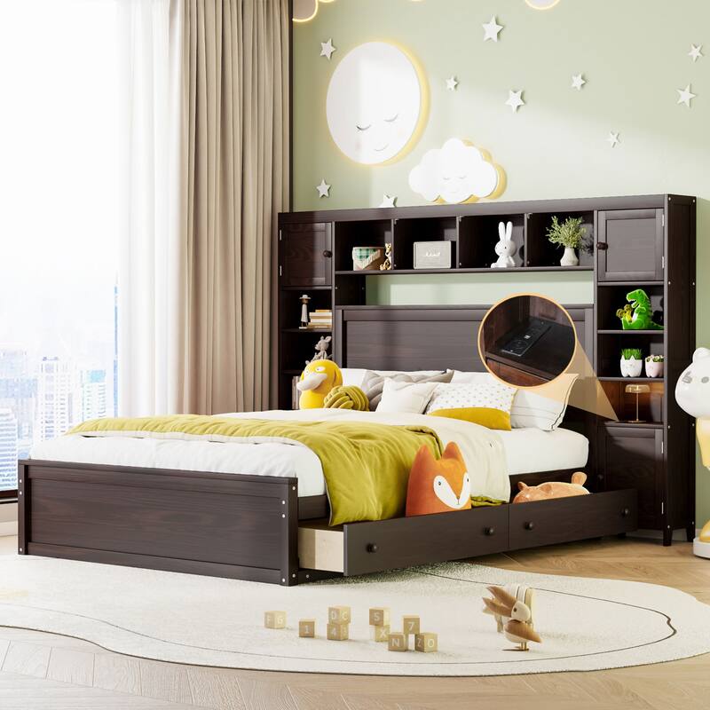 Queen Size Wooden Bedframe with All-in-One Cabinet, Queen Platform Bed with 4 Drawers & Built-in Sockets, No Box Spring Needed - Espresso - Queen