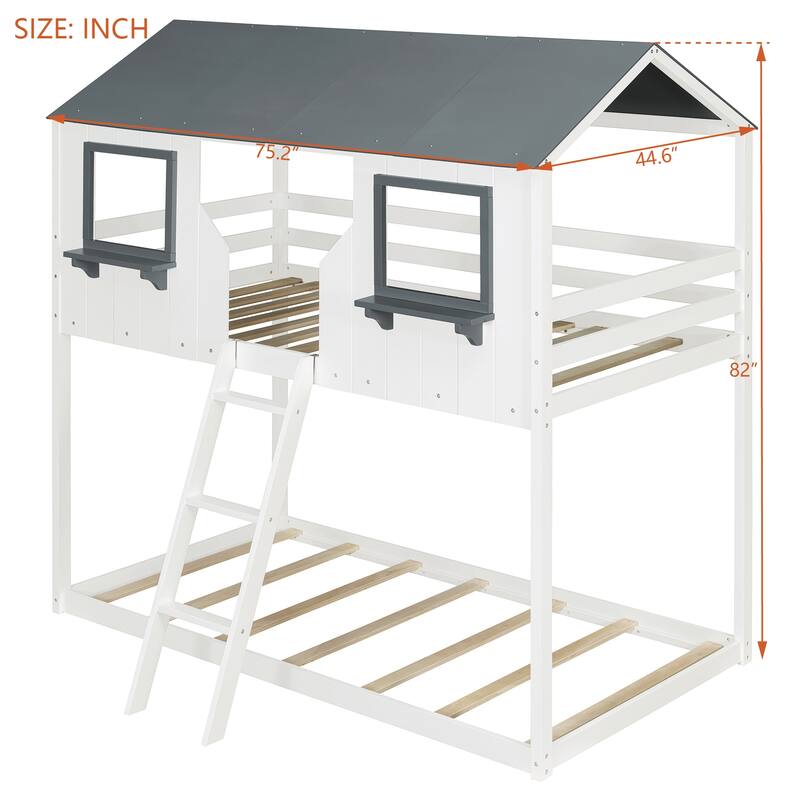 Roomfitters Twin Over Twin House Bunk Bed with Roof and Window, White