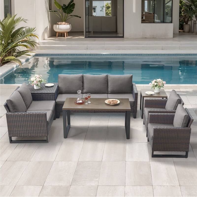 Gymojoy 7 Person All-Weather Wicker Outdoor Conversation Set Seating Group With lounge Chairs And Coffee Table - Brown Wicker / Gray Cusion - 7-Piece