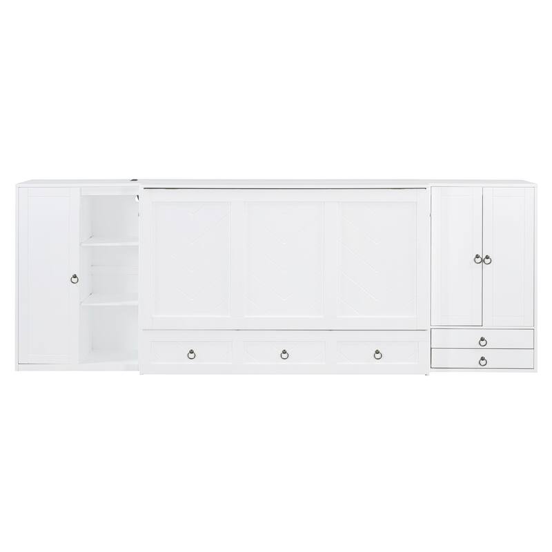 Queen Size Solid Wood Murphy Bed with Charging Station, Built-In Wardrobes, Drawers, and Foldable Cabinet Design