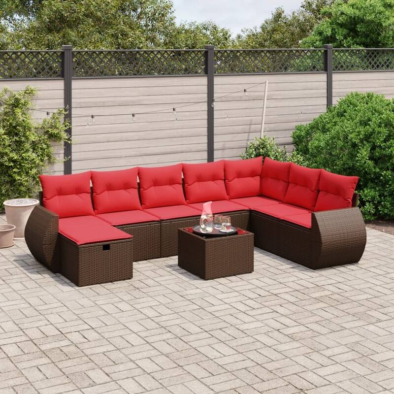 vidaXL Patio Sofa Set with Cushions Outdoor Conversation Furniture Poly Rattan - 24.4" x 24.4" x 27.2" - Brown with table