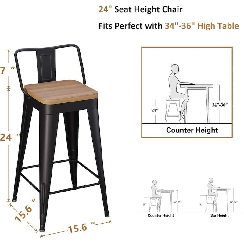 Counter Stools with Metal Frame Counter Height Bar stools with Low Back 24" Kitchen Bar Furniture Stools with Wooden Seat
