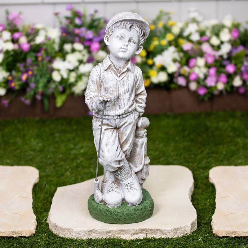 Golfer Boy with Clubs Outdoor Garden Statue - 17"
