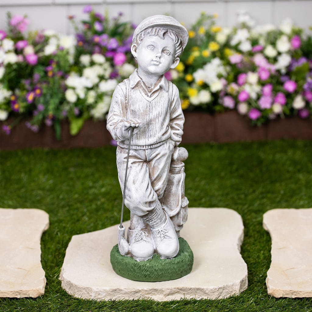 Golfer Boy with Clubs Outdoor Garden Statue - 17"