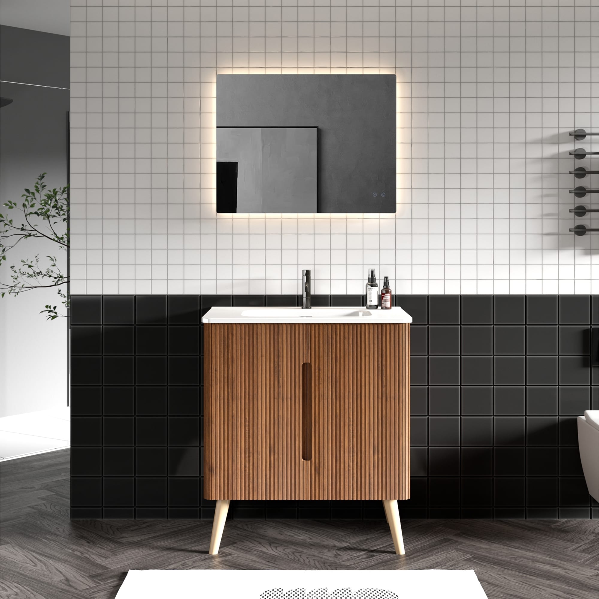 30" Striped Walnut Bathroom Vanity with Sink, Freestanding & Wall Mounted Bathroom Cabinet Options for Modern Bathrooms, KD