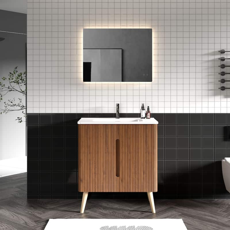 GDFStudio - Olivia Modern Elegance in Striped Walnut Bathroom Vanity with Sink and Storage Solutions - 30" - White+walnut - 30"