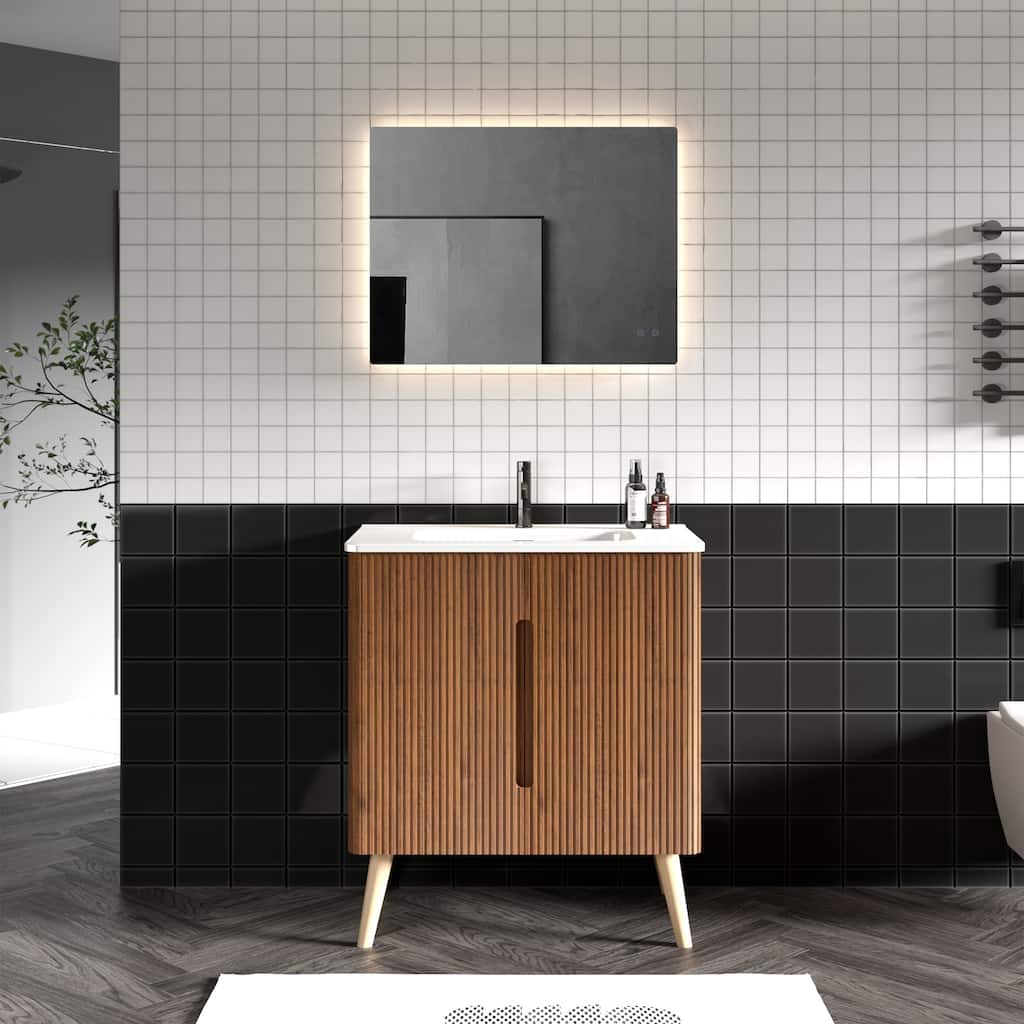 GDFStudio - Olivia Modern Elegance in Striped Walnut Bathroom Vanity with Sink and Storage Solutions - 30"