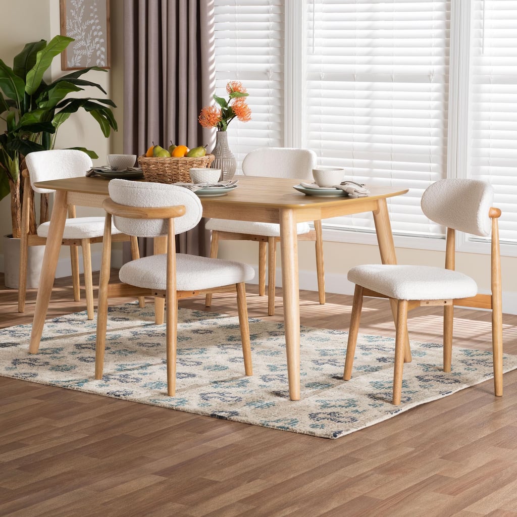 Emily 5-Piece Dining Set - Solid Wood Table with Boucle Upholstered Chairs, Mid-Century Modern Dining Furniture