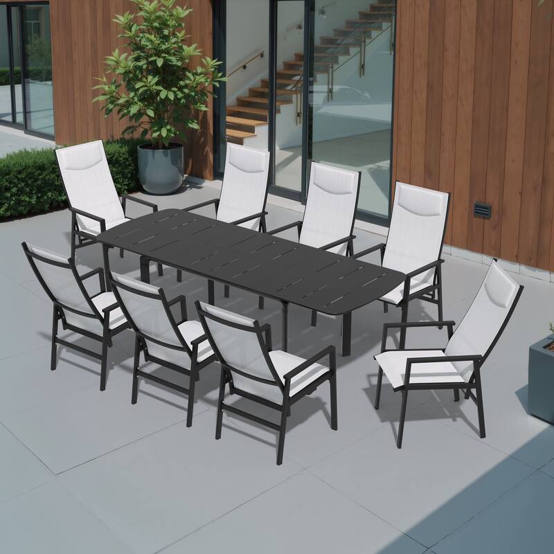 9-Piece Set Outdoor Extendable Patio Dining Table with Pneumatic Adjustable Folding Dining Chairs - Black with Light Grey Chairs