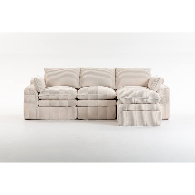 L Shaped Sectional Sofa Corduroy Upholstered Boneless Couches with Movable Footstool, With Three Pillows and Two Lumbar Pillows