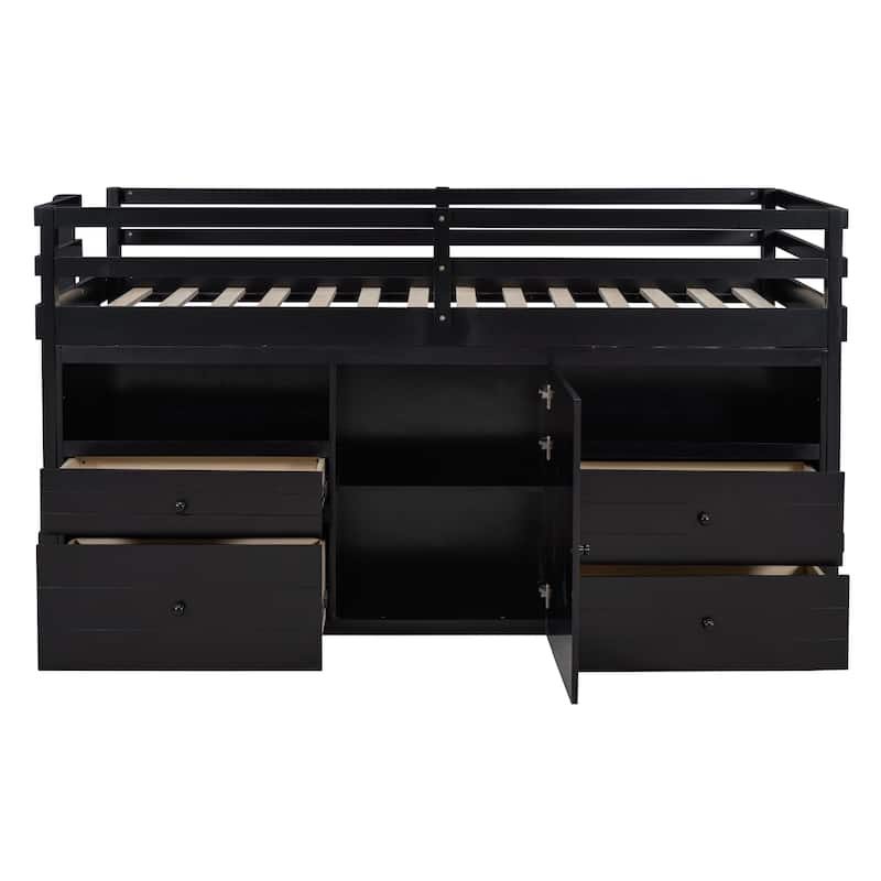 Espresso Twin Size Solid Wood Loft Bed with Drawers and Cabinet