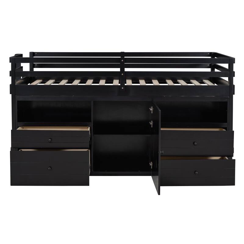 Twin Solid Wood Loft Bed with Drawers & Cabinet