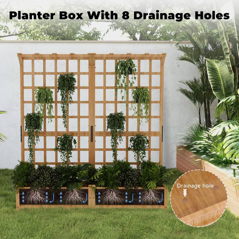 Two-Tier Wooden Garden Planter with Trellis, Hanging Roof & 8 Drainage Holes