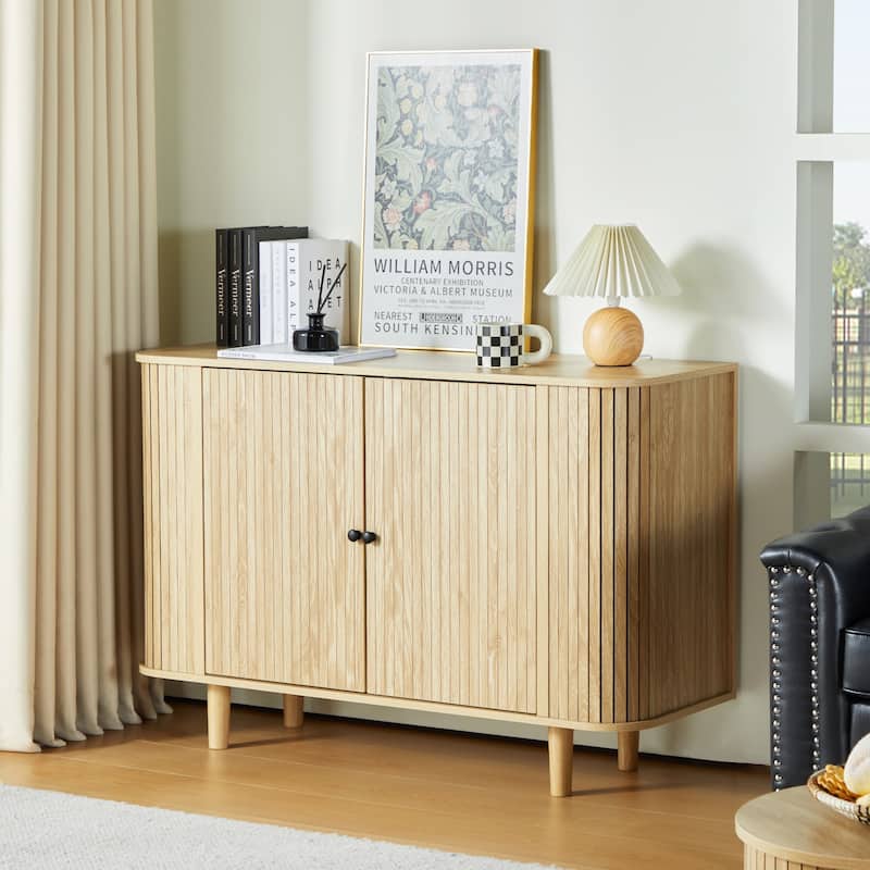 Wooden 47in 2-Door Curved Design Storage Cabinet Sideboard - Natural