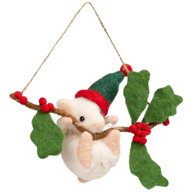 Holly and Berry Mouse Christmas Hanging Decoration - 9" - Green and Ivory