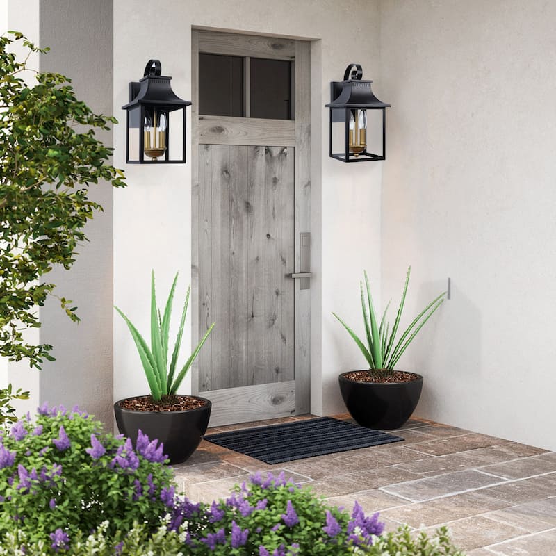 2-Light Matte Black Dusk to Dawn Outdoor Wall Lantern with Clear Glass - W7.4" x D9" x H14.7"