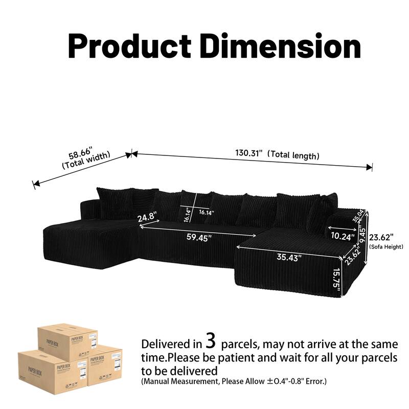 Modular U-Shaped Sectional Sofa with Reversible Chaise, Oversized Corduroy Boneless Cloud Sofa, Comfy Upholstered 4 Seat Sofa