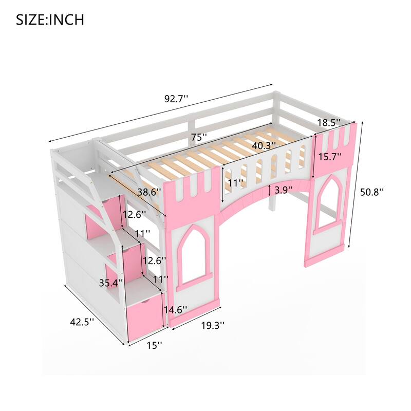 Pink Twin Size Loft Bed with Storage Staircase and Window
