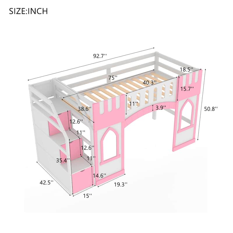 Twin Size Loft Bed with Storage Staircase and Window, Pink