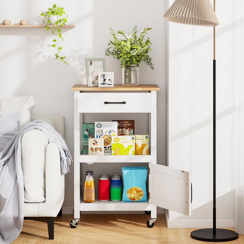 Mobile Rolling Kitchen Cart with Drawer and Cabinet Hooks for Dining Room or Living Room - 22" x 18" x 36" (L x W x H)