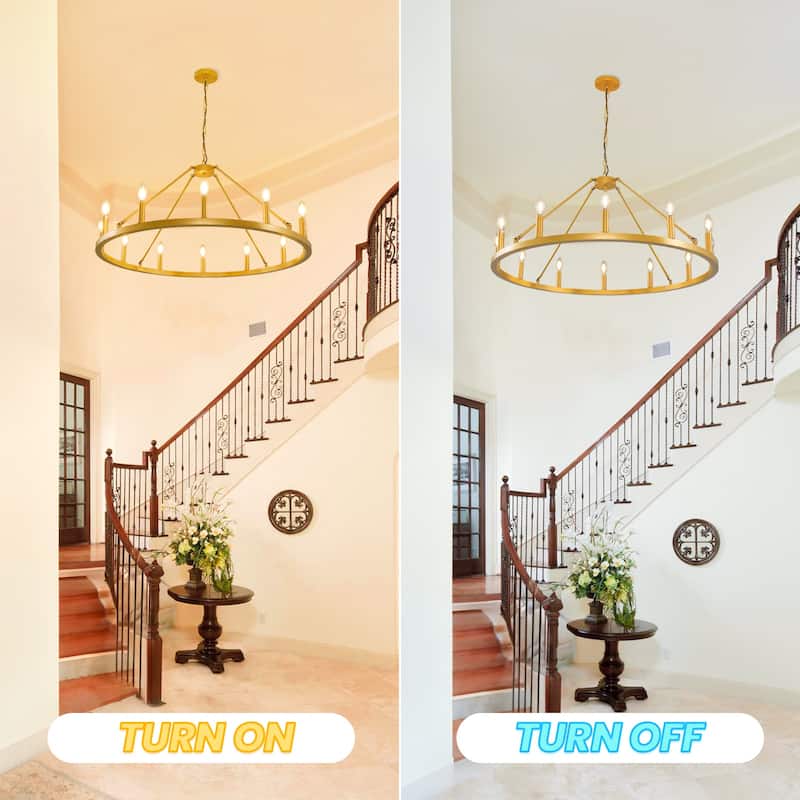 Black Wagon Wheel Chandelier 38 inch, 12-Light Black Round Industrial Farmhouse Chandeliers
