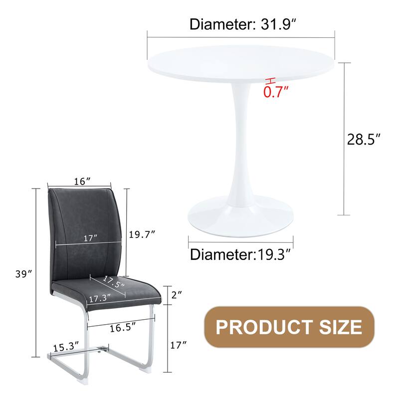 Roomfitters 3pcs Small Round Dining Table Set with PU Upholstered Chairs and Silver Arched Legs