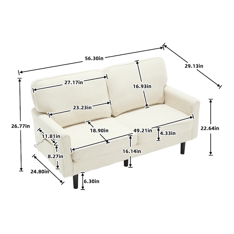 Roomfitters Loveseat Sofa, Mid-Century 2-Seater Couch with USB and Removable Pillow Covers for Living Room or Bedroom