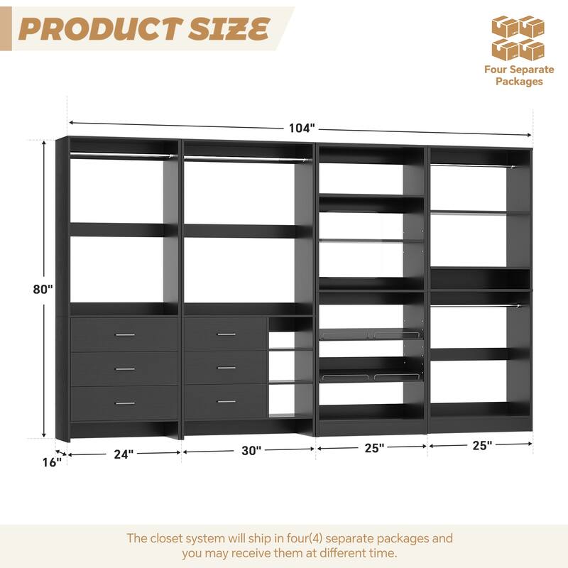 Cimly Set of 4 Closet Organizer with Drawers and Shoe Rack, Freestanding Closet System with Hanging Rods