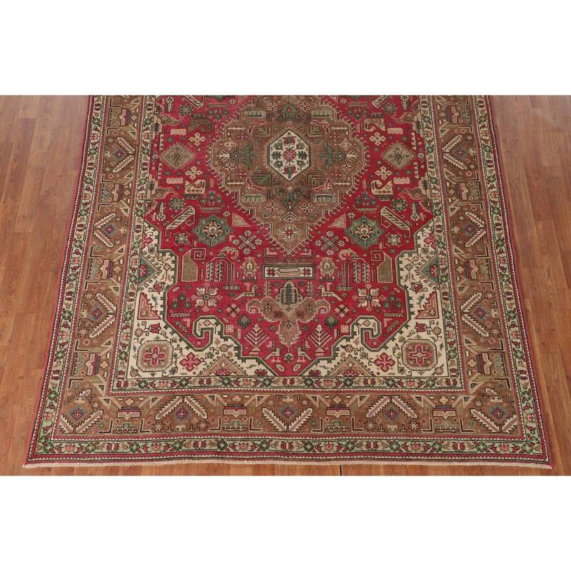 Geometric Pink Tabriz Persian Vintage Rug Hand-Knotted Wool Carpet - 6'7"x 9'9"