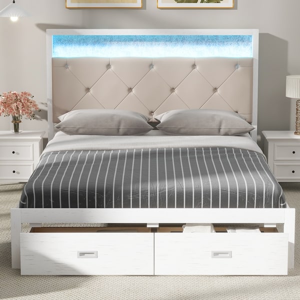 slide 2 of 12, Queen Platform Bed with Upholstered LED Headboard & 2-Storage Drawers, Antique White Antique White
