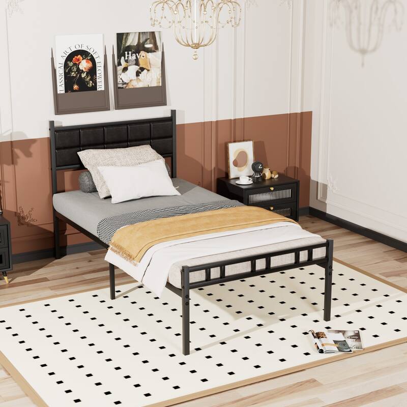 Javlergo Metal Bed Frame with PU Upholstered Headboard, No Box Spring Needed